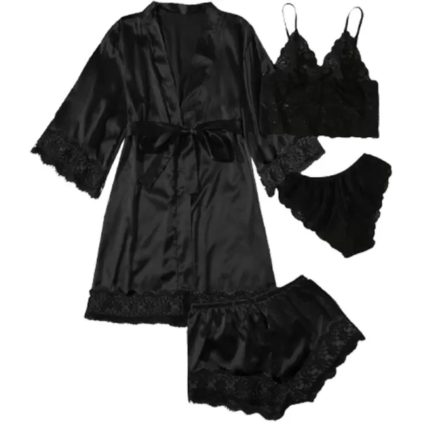 WDIRARA Women' Silk Satin Pajamas Set 4pcs Lingerie Floral Lace Cami Sleepwear with Robe