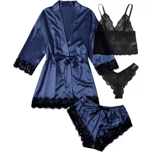 WDIRARA Women' Silk Satin Pajamas Set 4pcs Lingerie Floral Lace Cami Sleepwear with Robe