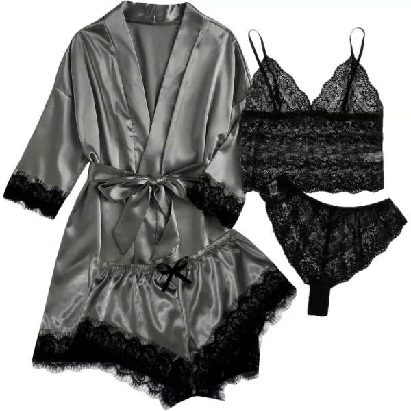 WDIRARA Women' Silk Satin Pajamas Set 4pcs Lingerie Floral Lace Cami Sleepwear with Robe