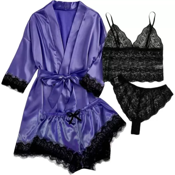 WDIRARA Women' Silk Satin Pajamas Set 4pcs Lingerie Floral Lace Cami Sleepwear with Robe