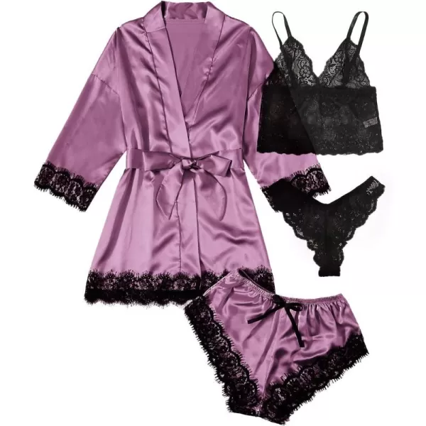 WDIRARA Women' Silk Satin Pajamas Set 4pcs Lingerie Floral Lace Cami Sleepwear with Robe