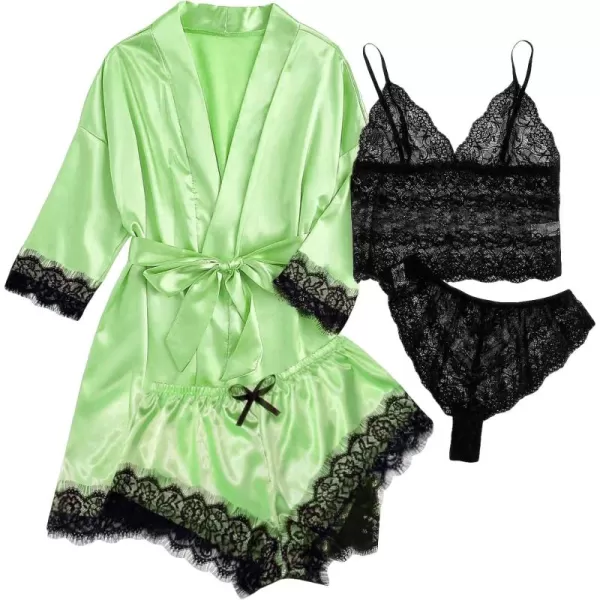 WDIRARA Women' Silk Satin Pajamas Set 4pcs Lingerie Floral Lace Cami Sleepwear with Robe