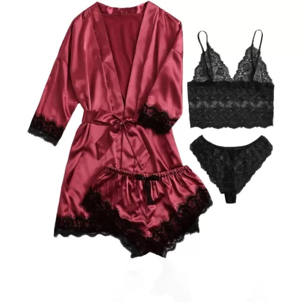WDIRARA Women' Silk Satin Pajamas Set 4pcs Lingerie Floral Lace Cami Sleepwear with Robe