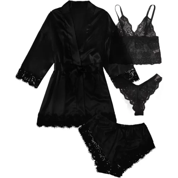 WDIRARA Women' Silk Satin Pajamas Set 4pcs Lingerie Floral Lace Cami Sleepwear with Robe