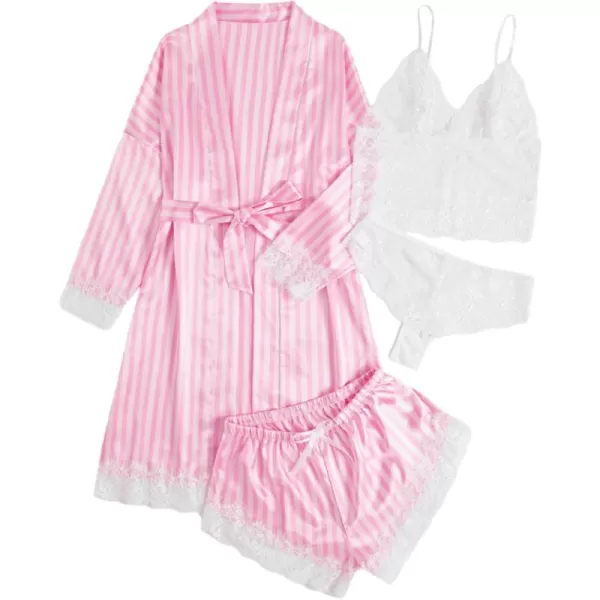 WDIRARA Women' Silk Satin Pajamas Set 4pcs Lingerie Floral Lace Cami Sleepwear with Robe