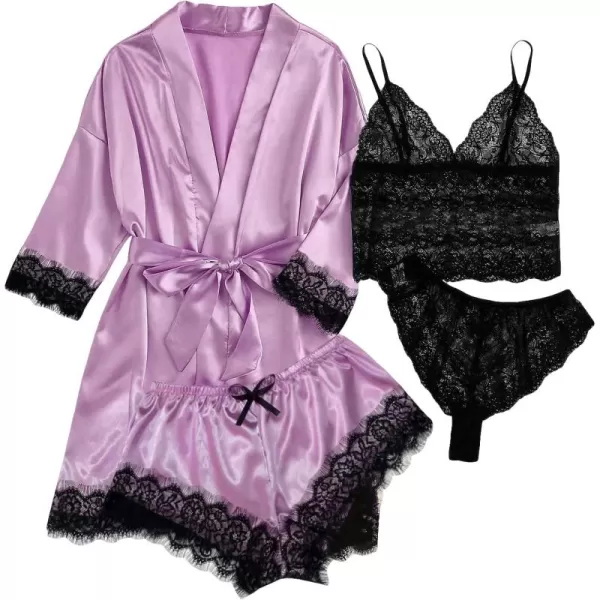 WDIRARA Women' Silk Satin Pajamas Set 4pcs Lingerie Floral Lace Cami Sleepwear with Robe