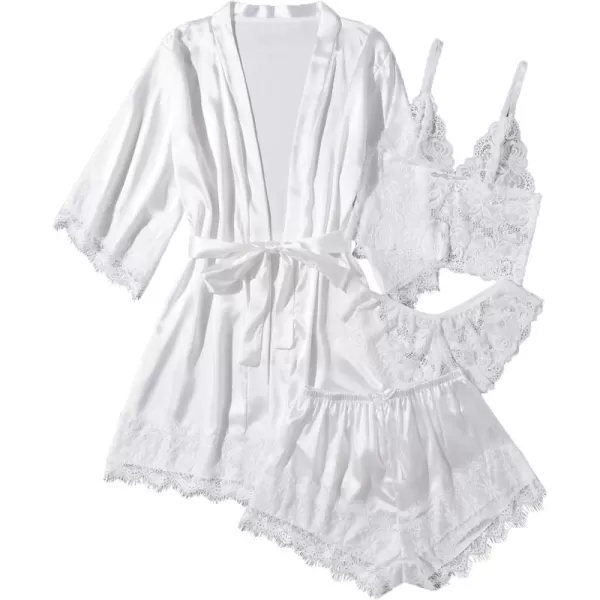 WDIRARA Women' Silk Satin Pajamas Set 4pcs Lingerie Floral Lace Cami Sleepwear with Robe