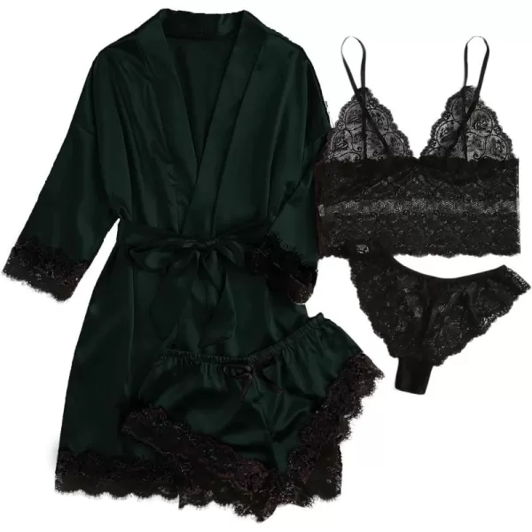 WDIRARA Women' Silk Satin Pajamas Set 4pcs Lingerie Floral Lace Cami Sleepwear with Robe