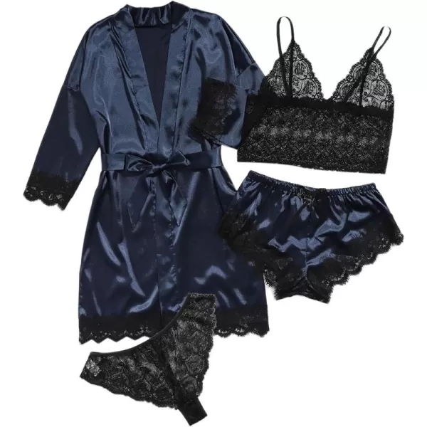 WDIRARA Women' Silk Satin Pajamas Set 4pcs Lingerie Floral Lace Cami Sleepwear with Robe