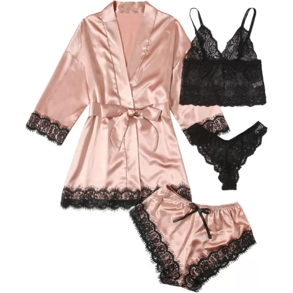 WDIRARA Women' Silk Satin Pajamas Set 4pcs Lingerie Floral Lace Cami Sleepwear with Robe