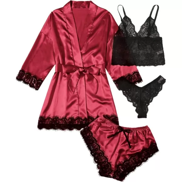 WDIRARA Women' Silk Satin Pajamas Set 4pcs Lingerie Floral Lace Cami Sleepwear with Robe