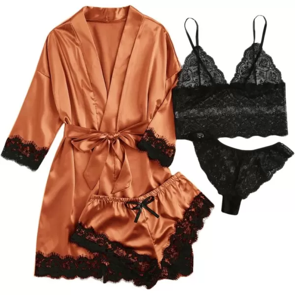WDIRARA Women' Silk Satin Pajamas Set 4pcs Lingerie Floral Lace Cami Sleepwear with Robe