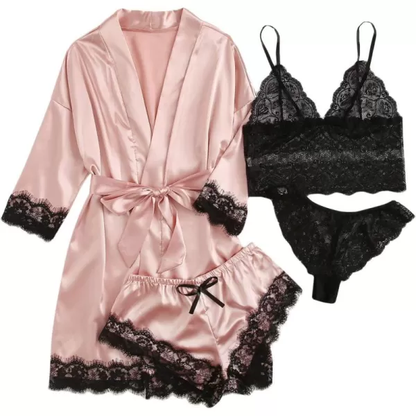 WDIRARA Women' Silk Satin Pajamas Set 4pcs Lingerie Floral Lace Cami Sleepwear with Robe