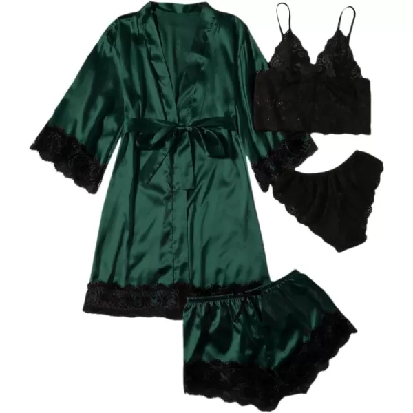 WDIRARA Women' Silk Satin Pajamas Set 4pcs Lingerie Floral Lace Cami Sleepwear with Robe