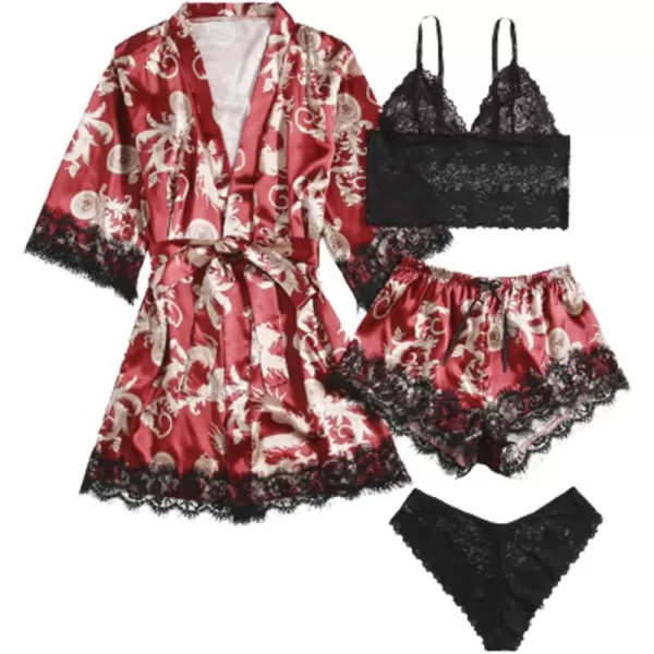 WDIRARA Women' Silk Satin Pajamas Set 4pcs Lingerie Floral Lace Cami Sleepwear with Robe