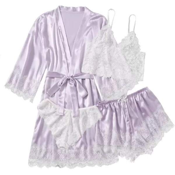 WDIRARA Women' Silk Satin Pajamas Set 4pcs Lingerie Floral Lace Cami Sleepwear with Robe