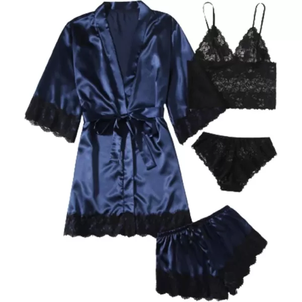 WDIRARA Women' Silk Satin Pajamas Set 4pcs Lingerie Floral Lace Cami Sleepwear with Robe