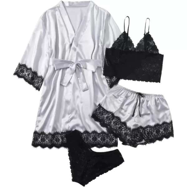 WDIRARA Women' Silk Satin Pajamas Set 4pcs Lingerie Floral Lace Cami Sleepwear with Robe