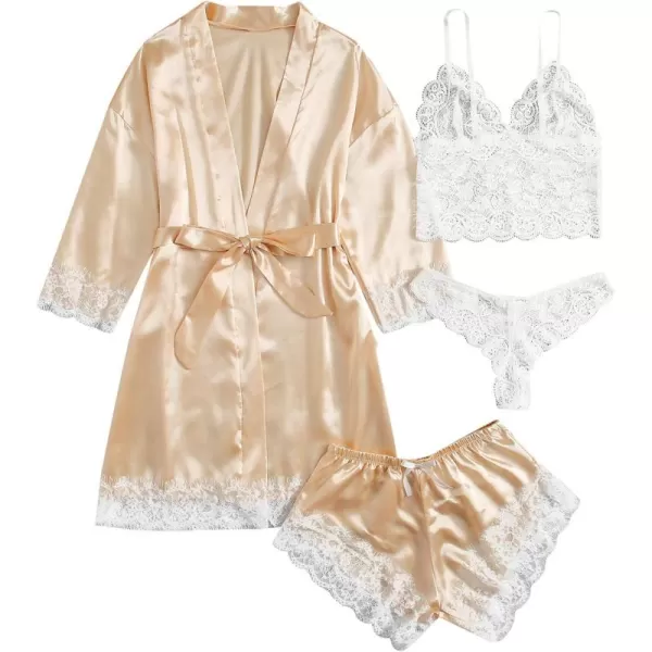 WDIRARA Women' Silk Satin Pajamas Set 4pcs Lingerie Floral Lace Cami Sleepwear with Robe