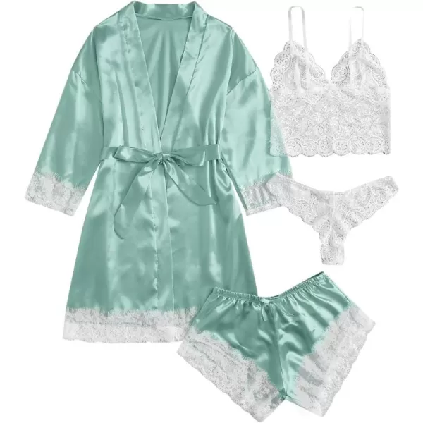 WDIRARA Women' Silk Satin Pajamas Set 4pcs Lingerie Floral Lace Cami Sleepwear with Robe