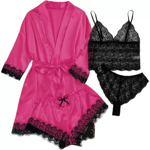 WDIRARA Women' Silk Satin Pajamas Set 4pcs Lingerie Floral Lace Cami Sleepwear with Robe
