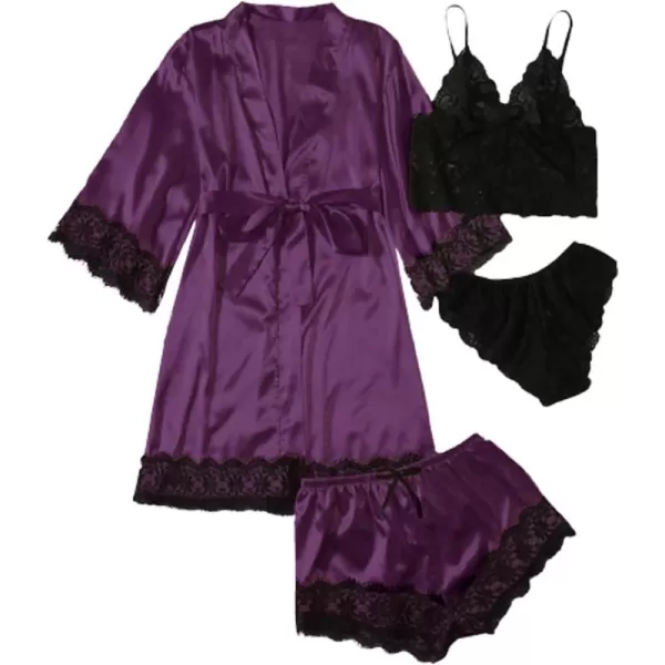 WDIRARA Women' Silk Satin Pajamas Set 4pcs Lingerie Floral Lace Cami Sleepwear with Robe