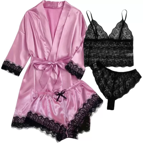 WDIRARA Women' Silk Satin Pajamas Set 4pcs Lingerie Floral Lace Cami Sleepwear with Robe
