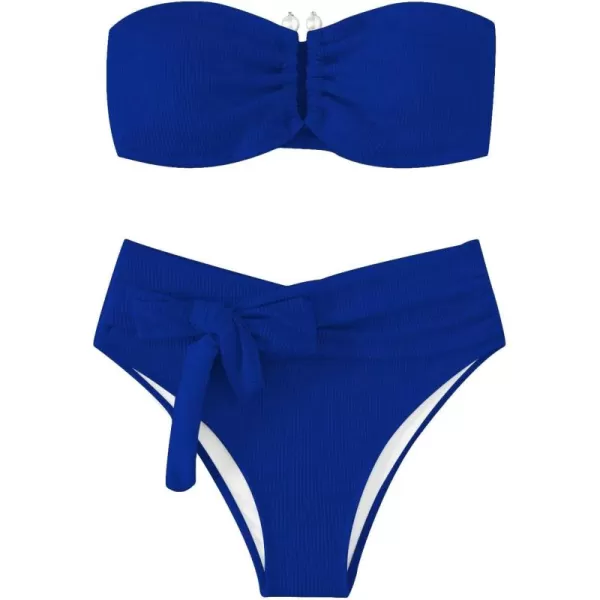 WDIRARA Women's 2 Piece Bikini Set Rib Knit Strapless Knot Front High Waist Swimsuit Set
