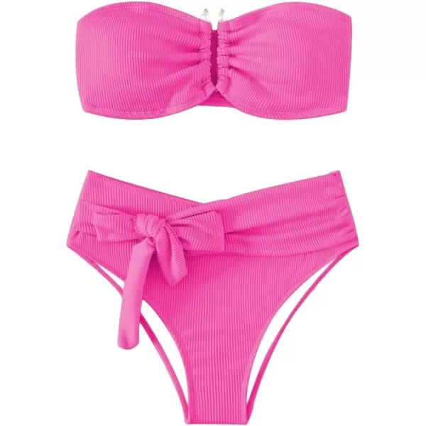 WDIRARA Women's 2 Piece Bikini Set Rib Knit Strapless Knot Front High Waist Swimsuit Set