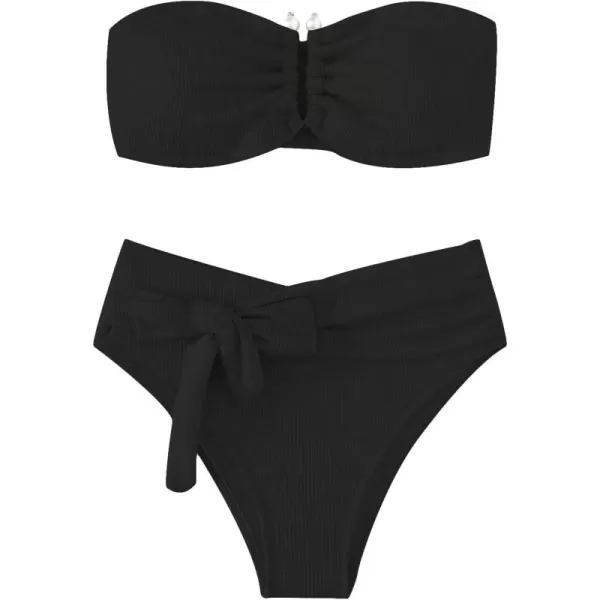 WDIRARA Women's 2 Piece Bikini Set Rib Knit Strapless Knot Front High Waist Swimsuit Set