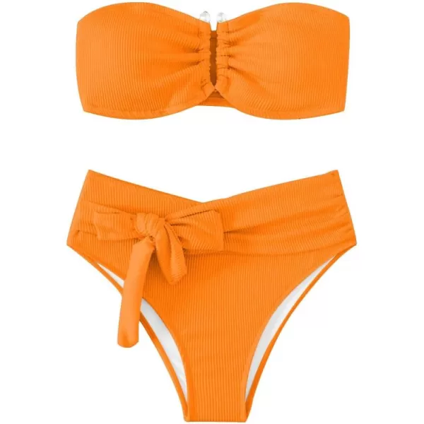 WDIRARA Women's 2 Piece Bikini Set Rib Knit Strapless Knot Front High Waist Swimsuit Set