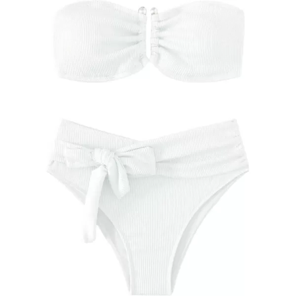 WDIRARA Women's 2 Piece Bikini Set Rib Knit Strapless Knot Front High Waist Swimsuit Set