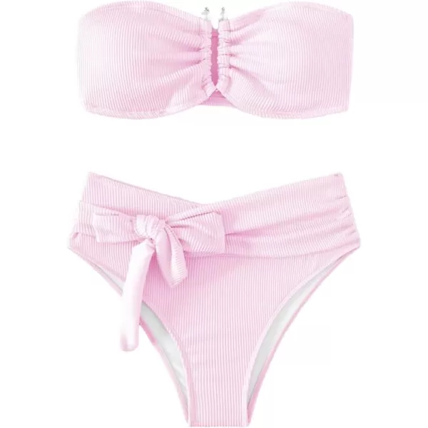 WDIRARA Women's 2 Piece Bikini Set Rib Knit Strapless Knot Front High Waist Swimsuit Set