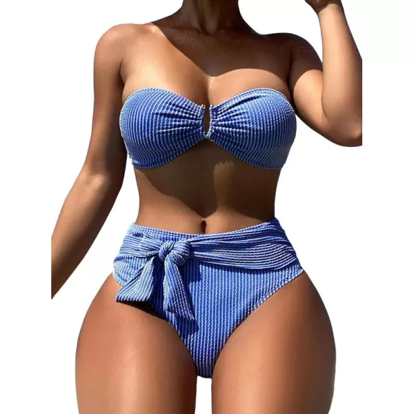 WDIRARA Women's 2 Piece Bikini Set Rib Knit Strapless Knot Front High Waist Swimsuit Set