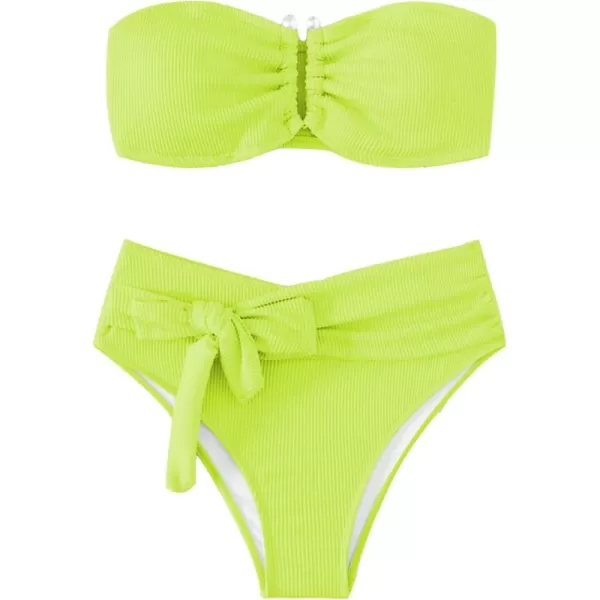 WDIRARA Women's 2 Piece Bikini Set Rib Knit Strapless Knot Front High Waist Swimsuit Set