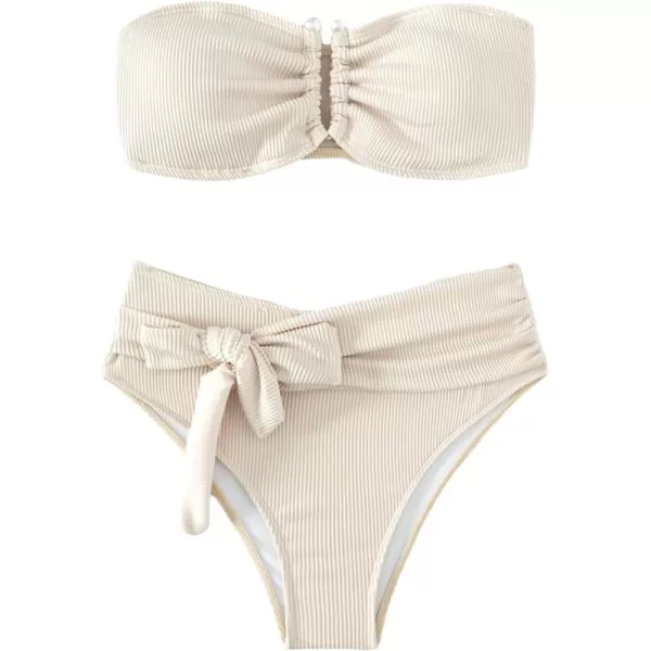 WDIRARA Women's 2 Piece Bikini Set Rib Knit Strapless Knot Front High Waist Swimsuit Set