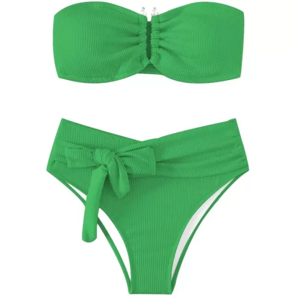 WDIRARA Women's 2 Piece Bikini Set Rib Knit Strapless Knot Front High Waist Swimsuit Set