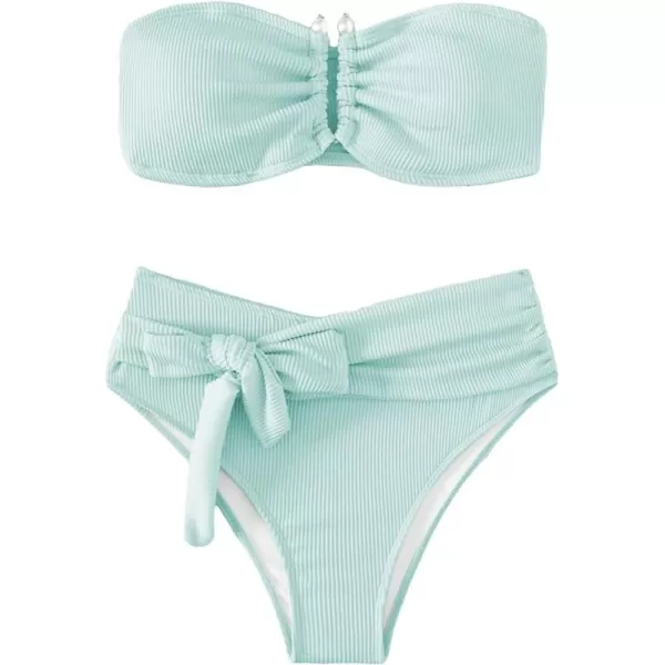 WDIRARA Women's 2 Piece Bikini Set Rib Knit Strapless Knot Front High Waist Swimsuit Set