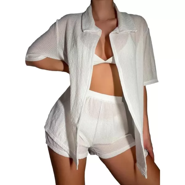 WDIRARA Women's 2 Piece Cover Ups Set Sheer Short Sleeve Open Front Shirt and Shorts Swimwear