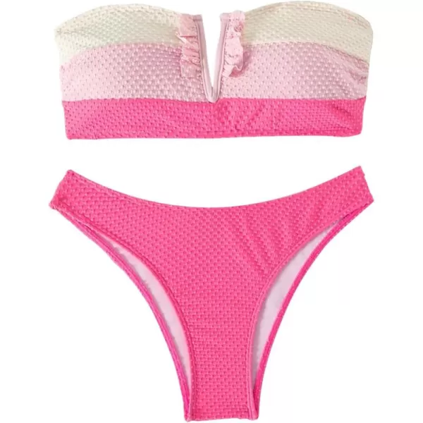WDIRARA Women's 2 Piece Cute Swimwear Color Block Frill Bandeau Bikini Swimsuits Cheeky Bathing Suit