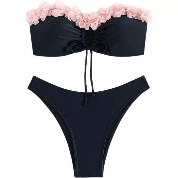 WDIRARA Women's 2 Piece Floral Appliques Drawstring Front Bandeau Swimsuit Set Cut Out High Cut Cheeky Bikini Swimwear Sets