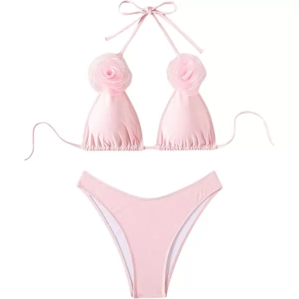 WDIRARA Women's 2 Piece Floral Appliques Swimsuits Halter String Triangle Bikini Set Beach Bathing Suit