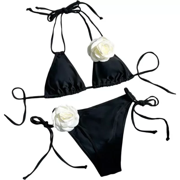 WDIRARA Women's 2 Piece Floral Appliques Swimsuits Halter String Triangle Bikini Set Beach Bathing Suit