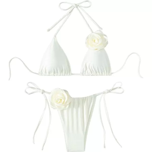WDIRARA Women's 2 Piece Floral Appliques Swimsuits Halter String Triangle Bikini Set Beach Bathing Suit