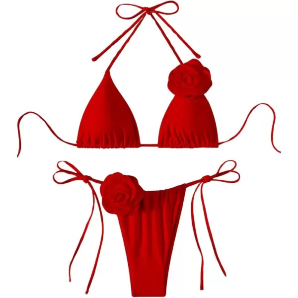 WDIRARA Women's 2 Piece Floral Appliques Swimsuits Halter String Triangle Bikini Set Beach Bathing Suit