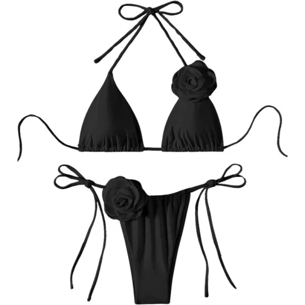 WDIRARA Women's 2 Piece Floral Appliques Swimsuits Halter String Triangle Bikini Set Beach Bathing Suit