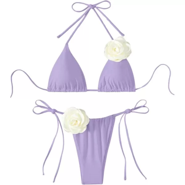 WDIRARA Women's 2 Piece Floral Appliques Swimsuits Halter String Triangle Bikini Set Beach Bathing Suit