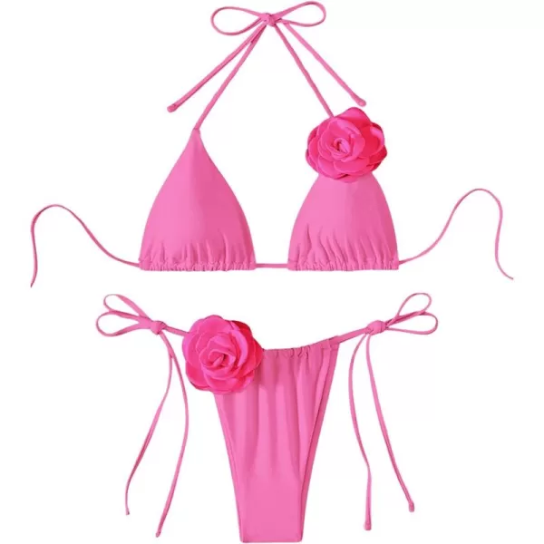 WDIRARA Women's 2 Piece Floral Appliques Swimsuits Halter String Triangle Bikini Set Beach Bathing Suit