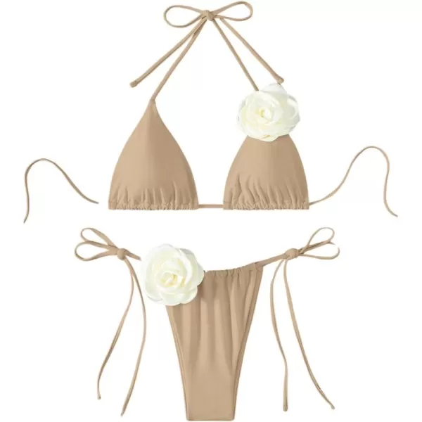 WDIRARA Women's 2 Piece Floral Appliques Swimsuits Halter String Triangle Bikini Set Beach Bathing Suit