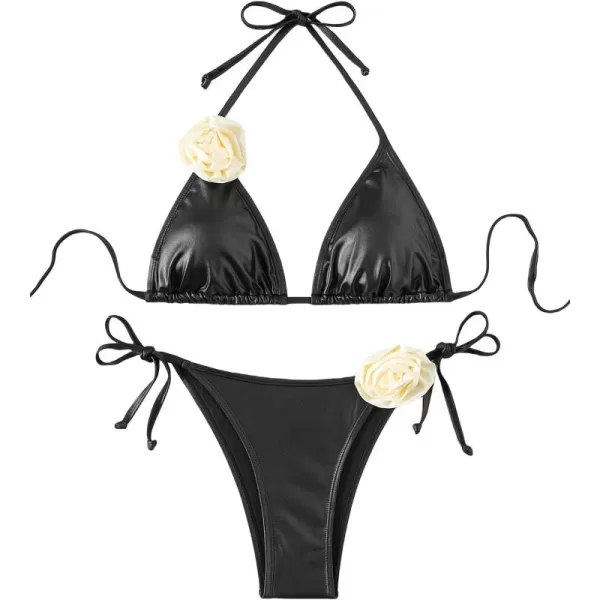 WDIRARA Women's 2 Piece Floral Appliques Swimsuits Halter String Triangle Bikini Set Beach Bathing Suit